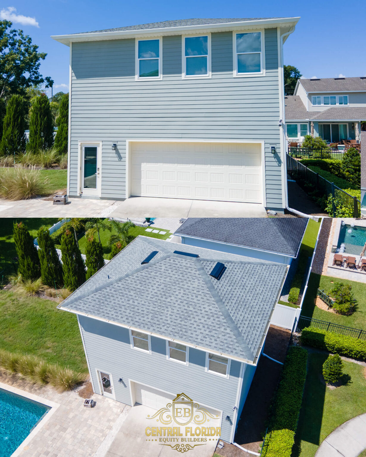 Modern two-story residential home in Oviedo, FL, featuring a well-maintained roof, landscaped surroundings, and a swimming pool, showcasing Central Florida Equity Builders' roofing services and quality craftsmanship.