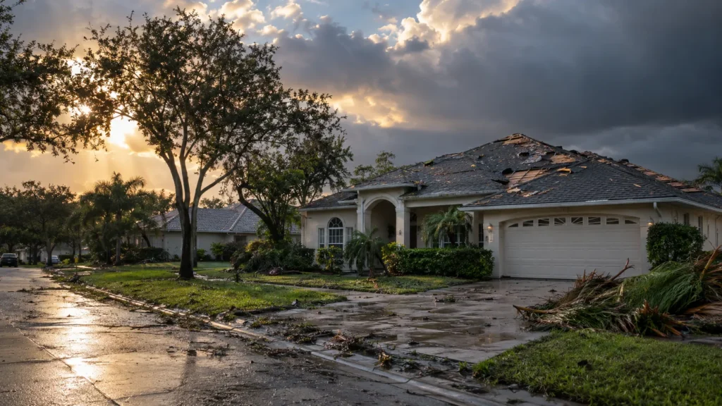 Storm-damaged roof in Oviedo, FL after severe weather