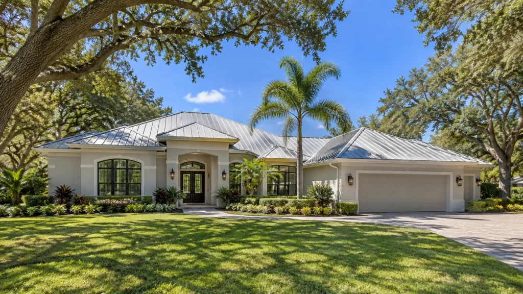 Single-story Florida home with a light gray standing seam metal roof